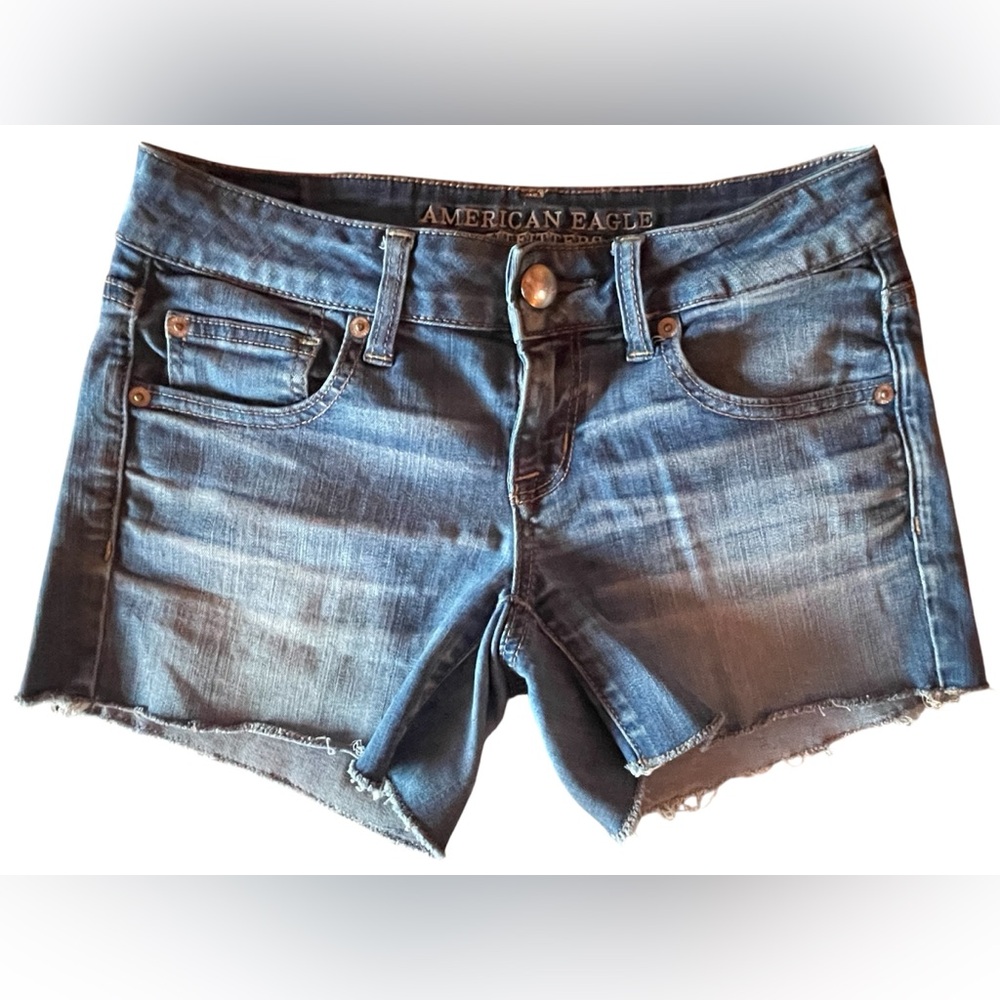 American Eagle Outfitters Women's Super Low and Strecth Blue Jean Shorts